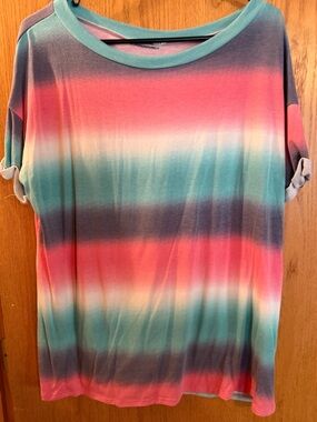 white birch Multicolor Striped Short Sleeve Tee - Pink & Teal